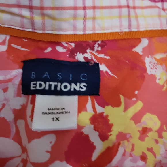 BASIC EDITIONS Size 1x Orange Tropical Floral Patterned Sleeveless Button Up Top - Picture 3 of 4
